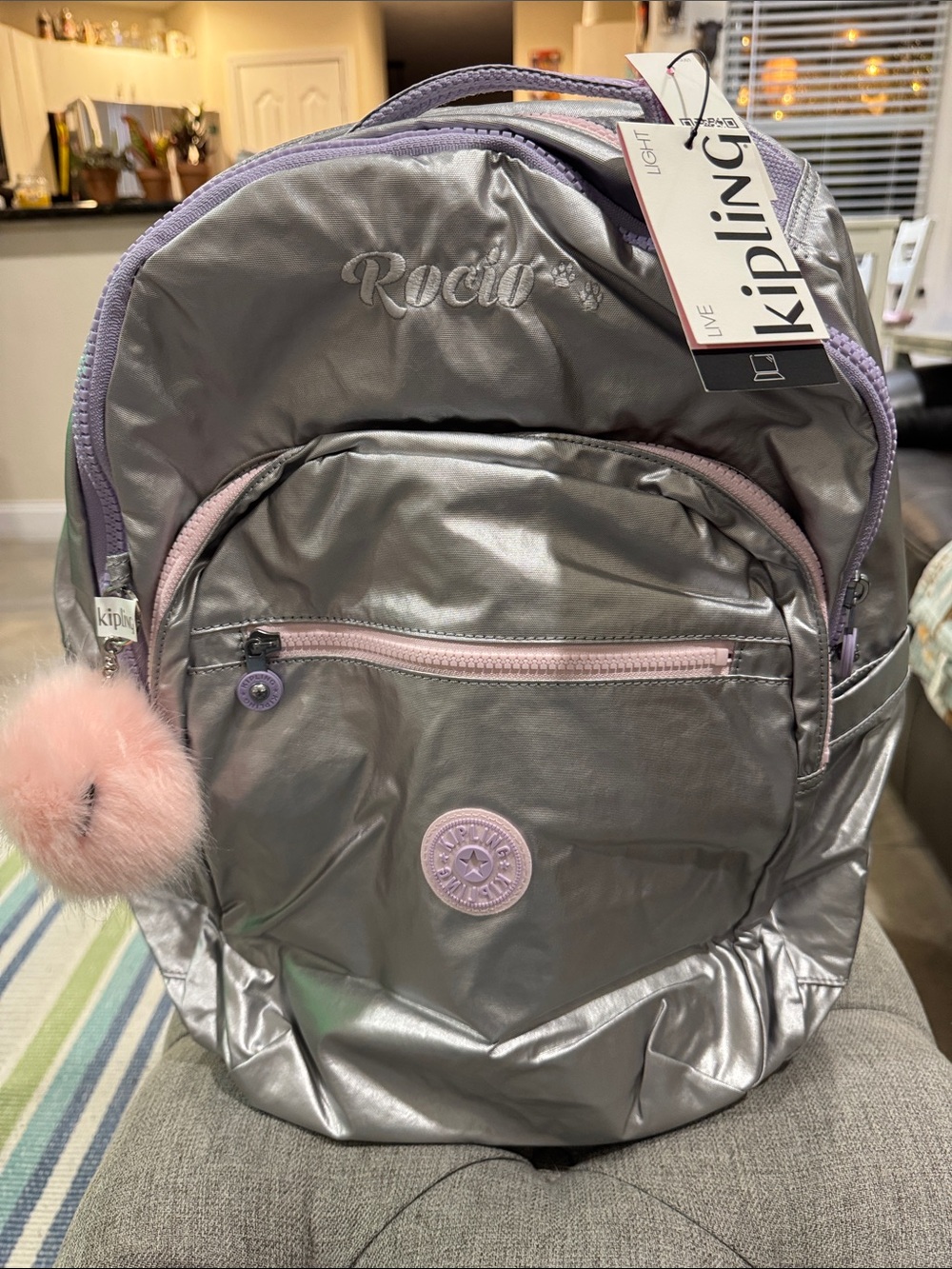 Kipling Metallic Silver Backpack with Lilac Trim- customized “ROCIO” NWT